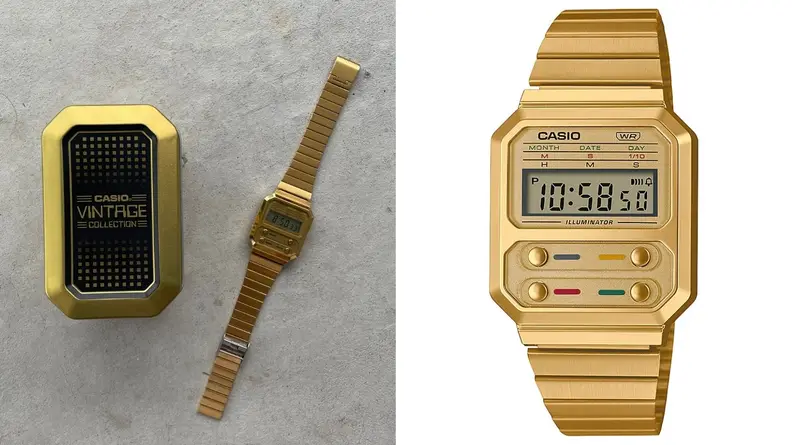 Casio Vintage box next to Casio-A100WEG-9AVT, stock photo of Casio-A100WEG-9AVT.