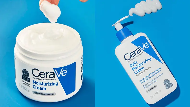 On the left: The tub of Cerave Moisturizing Cream sits on a blue background. On the right: The Cerave Daily Moisturizing Lotion lays on a blue background with a trail of the white product coming out of the pump.