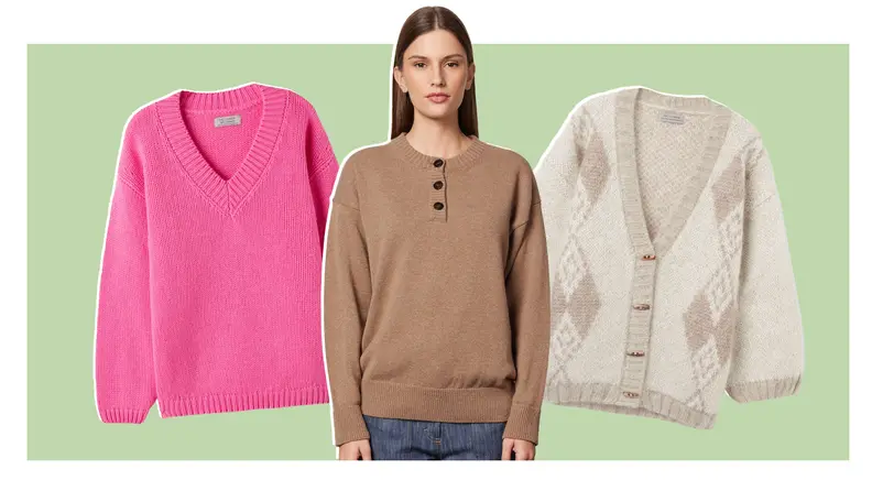 A pink v-neck sweater, a model wearing a brown sweater, and an argyle-pattern cardigan.