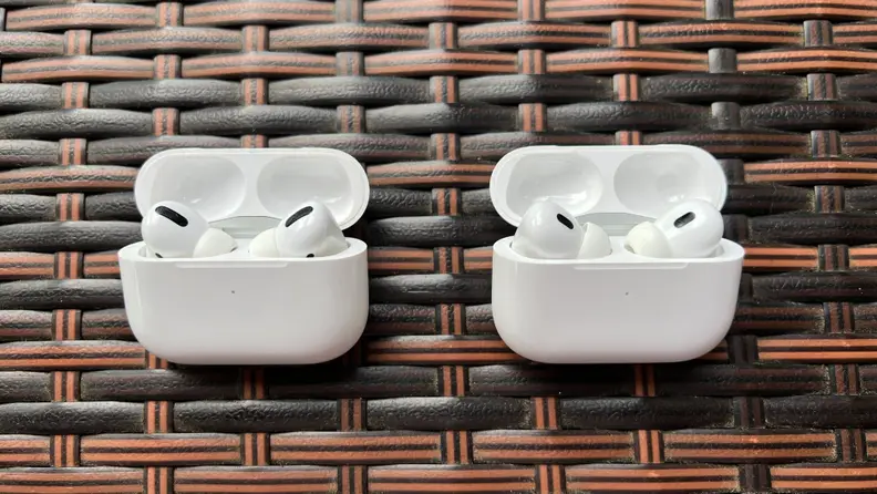 A side-by-side image of two sleekly designed Apple AirPods Pro cases.