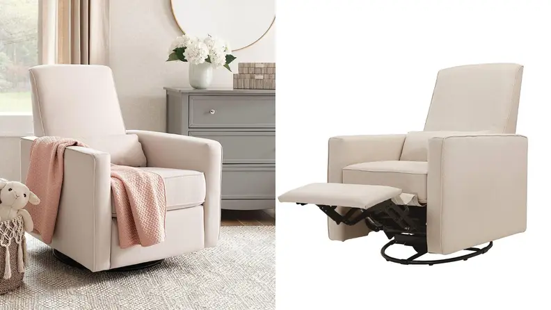 A side-by-side image of the DaVinci Piper recliner, one image in a child's nursery not reclined, the other reclined on a white background