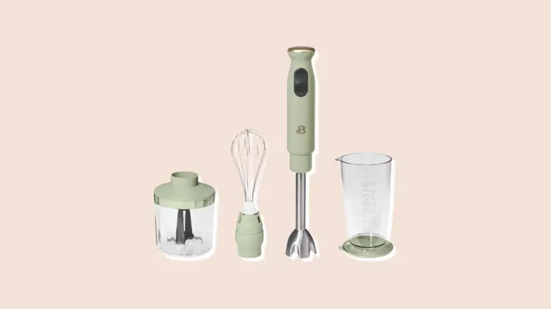 Product shot of assorted jade green immersion blender set from the Beautiful by Drew Barrymore Kitchen Appliance line.
