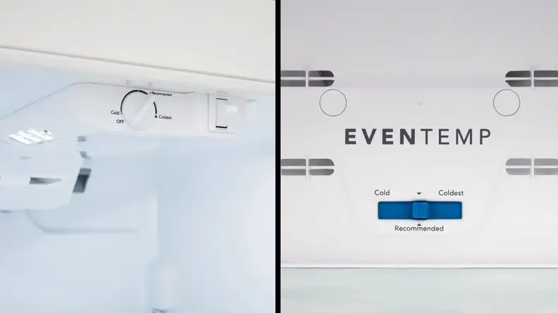 The two sets of controls in the Frigidaire FFHT1425VV: a dial for the fridge and a slider in the back of the freezer.