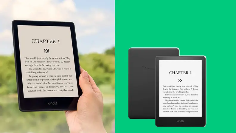 Hand holding a kindle paperwhite next to another photo of the kindle on a green background