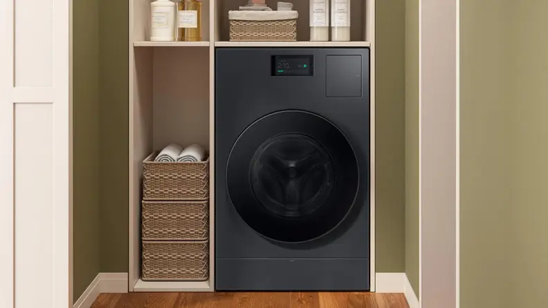 Single unit laundry appliance stored in a piece of furniture