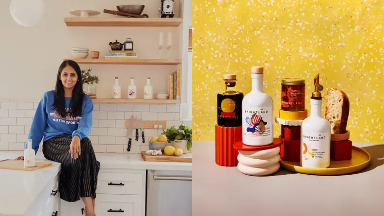 Photo collage of Brightland founder, Aishwarya Iyer, sitting on countertop in kitchen and several Brightland products bundled together.