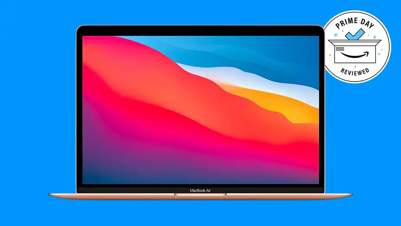 An open and powered on laptop on a solid color background