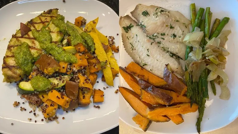 Prepared CookUnity meals of steak and fish with vegetables.
