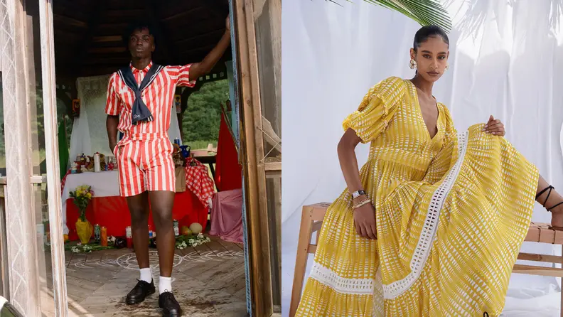 Left: person wearing a two piece set posing in front of a door, Right: person in a yellow dress sitting outside against a white backdrop.