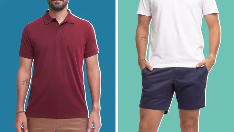 A model wearing a red T-shirt, and a model wearing blue shorts.