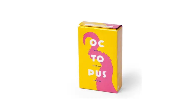 A bright yellow package of tinned octopus against a white background.