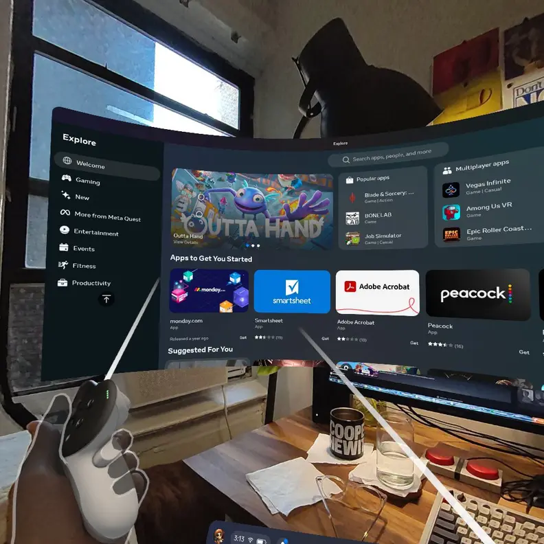 A floating VR display showing productivity apps