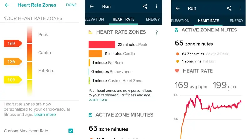 Screenshots of Fitbit Charge 4 heart rate data