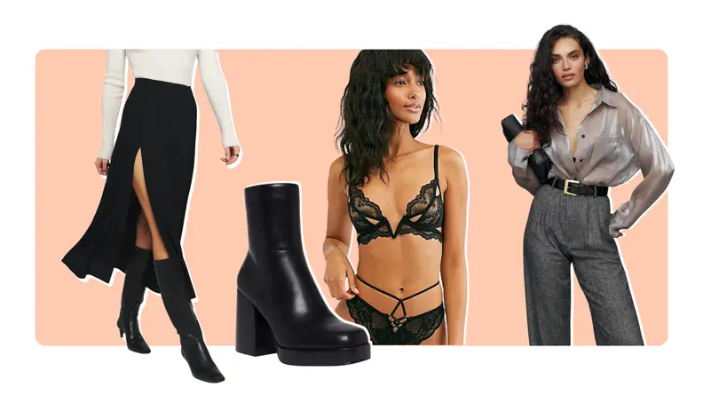 A model wearing a flowing black skirt with a slit, a black boot, a model wearing lacy underwear, and a model wearing a sheer blouse.