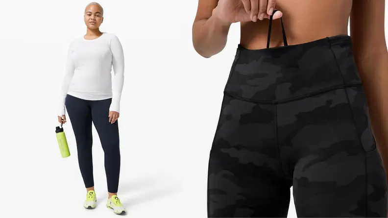 On the left, we see a model in a white long-sleeved top, black leggings, and brightly colored tennis shoes. To the right, we see another pair of leggings in close-up (a black-and-gray camouflage pattern).