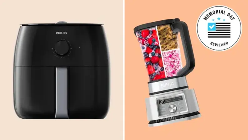 A collage showing a Philips Air fryer shown next to a Ninja blender.