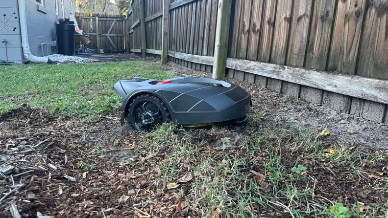A robot lawn mower gets stuck in dirt