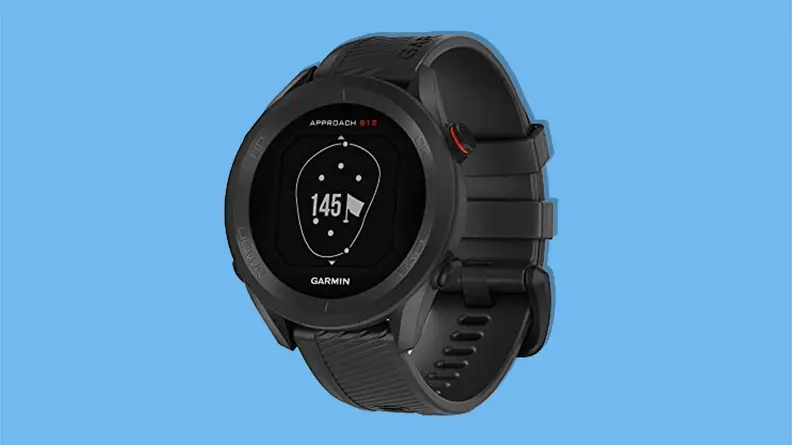 Garmin Approach S12 golf GPS golf watch on a blue background.