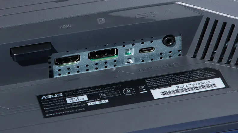 Underside view of the Asus ROG Strix XG27ACS showing the HDMI, displayport, and usb-c ports