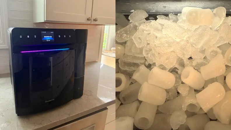 Black Govee Smart Countertop Ice Maker 2 on a kitchen counter on the left, with a zoomed-in photo of the bullet-shaped ice it makes on the right.