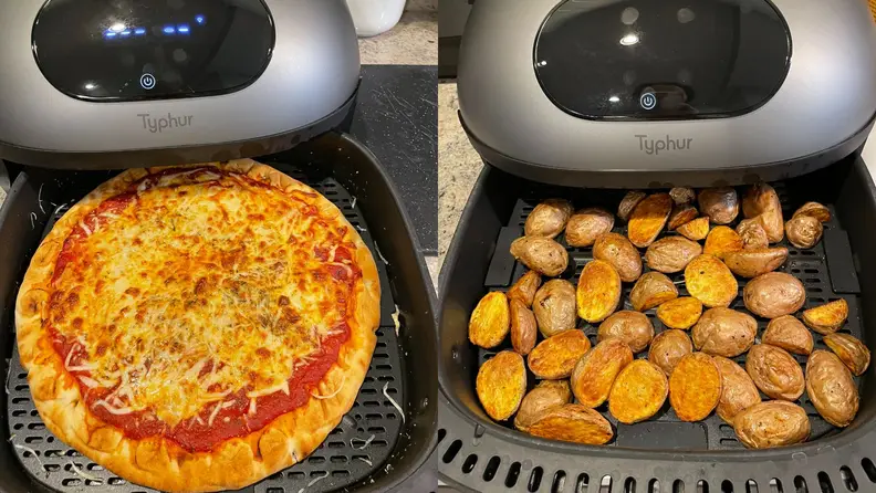 A pizza on the left and potatoes on the right, baked inside the Typhur Dome Air Fryer.