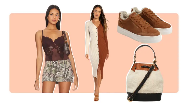 A model wearing a brown bustier, a model wearing a colorblocked white and brown dress, brown sneakers, and a sherpa-lined bag.