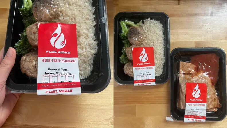 Person holding pre-packaged food inside of plastic containers.