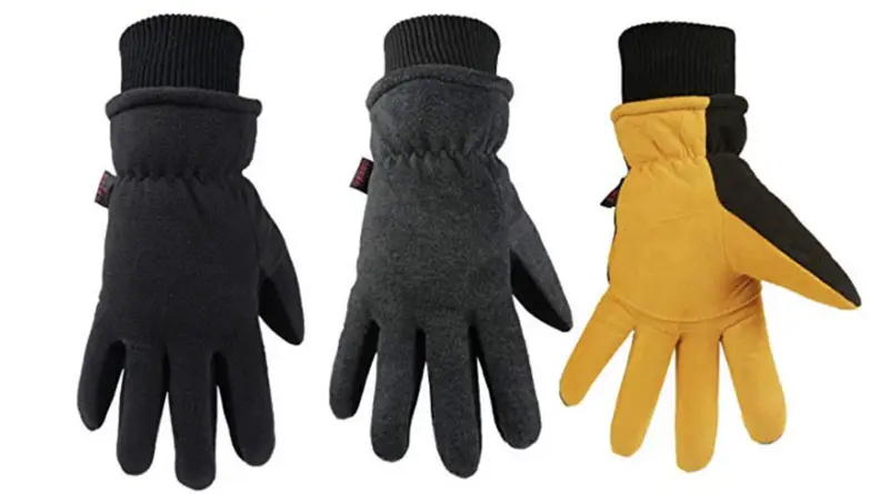 Image of three gloves: first is black, middle is gray, third is yellow.
