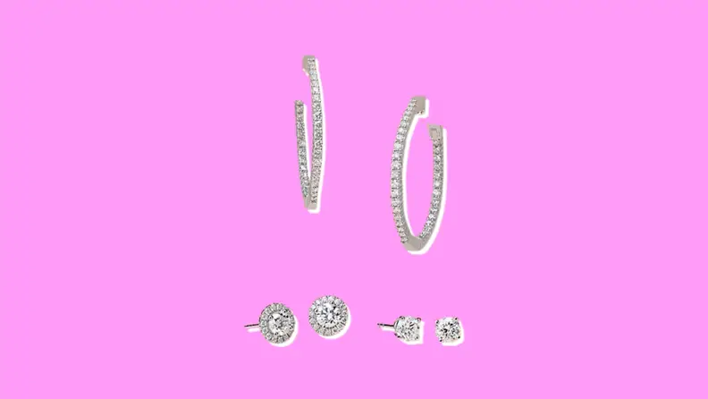 Blue Nile Diamond Earrings on a pink background.