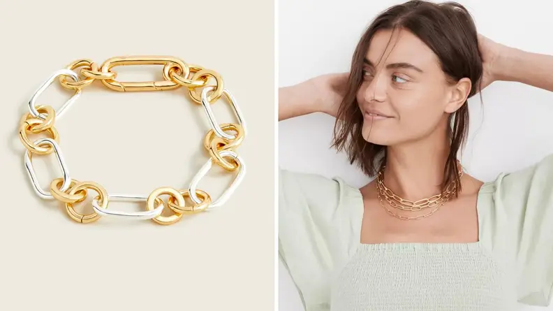 A split of a gold chain bracelet and a woman wearing a green dress and three gold chain necklaces