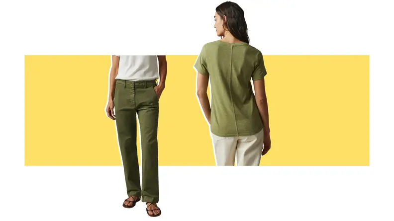 A model wearing green pants and a model wearing a green T-shirt.