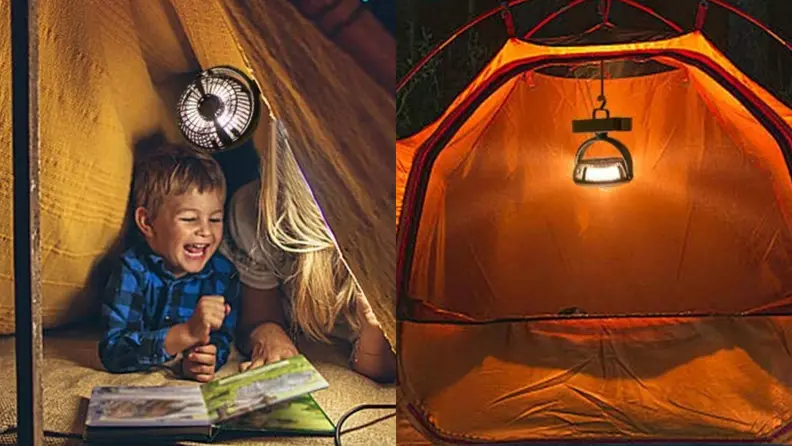 A child sits in a tent.