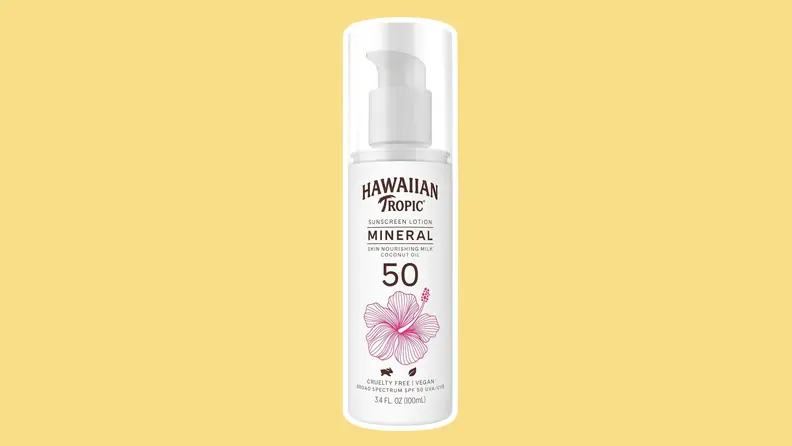 Hawaiian Tropic Mineral Sun Milk Body Lotion SPF 50 on a yellow background.