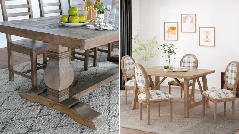 Two images of rustic dining rooms.