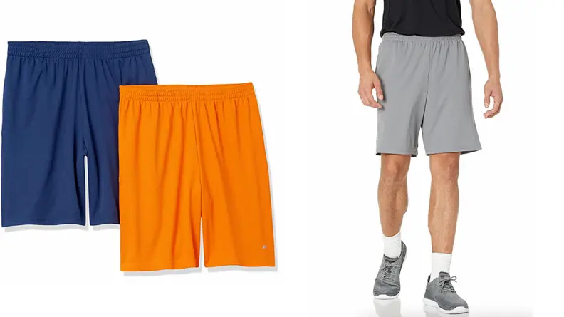 Blue and orange pair of running shoes from Amazon Essentials, man wearing grey running short from Amazon.