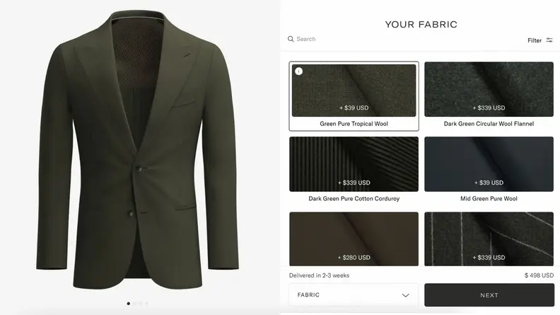 A screenshot of Suitsupply's Custom Made fabric sampling and jacket.
