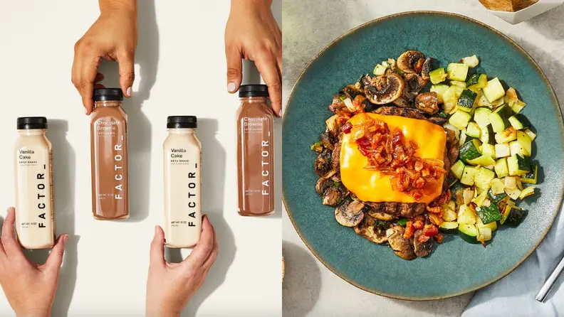 Left: four hands holding Factor bottles with shakes. Right: plated dish with meat and vegetables