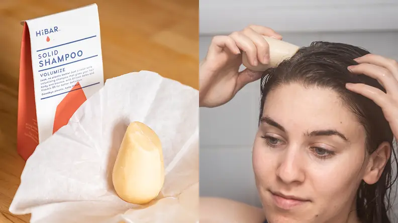 On the left: A shampoo bar in its packaging. On the right: A person using a shampoo bar on their hair.