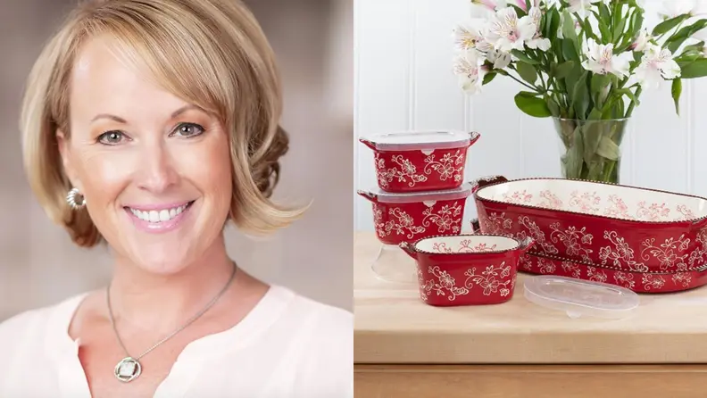 On left, photo of Tara McConnell. On right, five pieces of red Temp-tations bakware on wooden countertop.