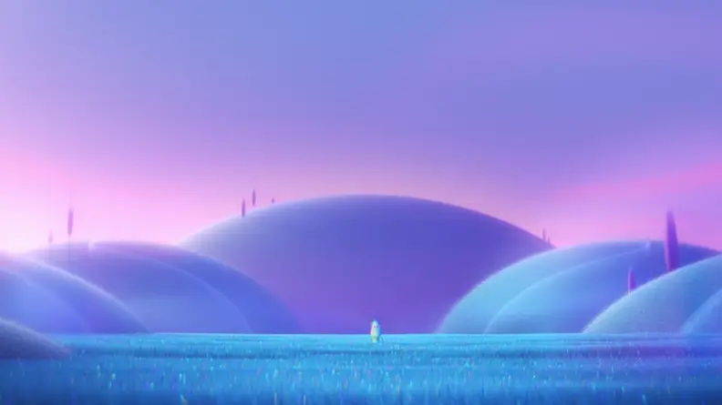 A screenshot from the movie _Soul_ featuring a pastel pink purple landscape and Joe in a field.