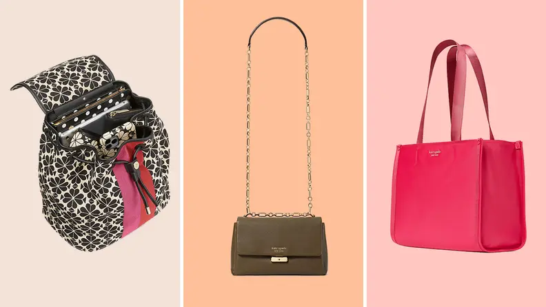 A flower patterned bag open and showing a wallet and an iPhone, set against a gray background on the left. An olive purse with chain handle against an orange background in the middle. A hot pink handbag set against a pink background on the right.