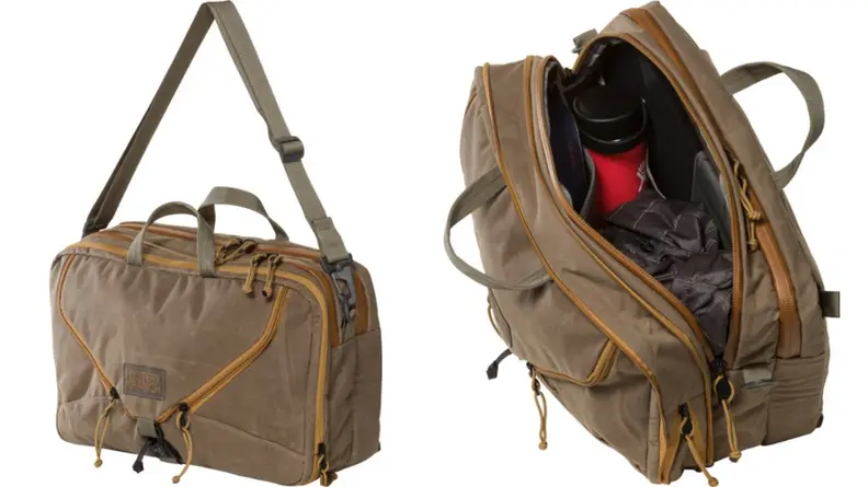Waxy brown messenger bag from Mystery Ranch hanging by shoulder strap, open messenger bag from Mystery Ranch.