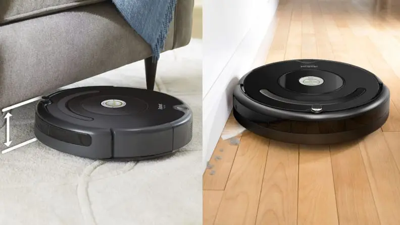 Two iRobot Roomba robot vacuum cleaners cleaning up floors.