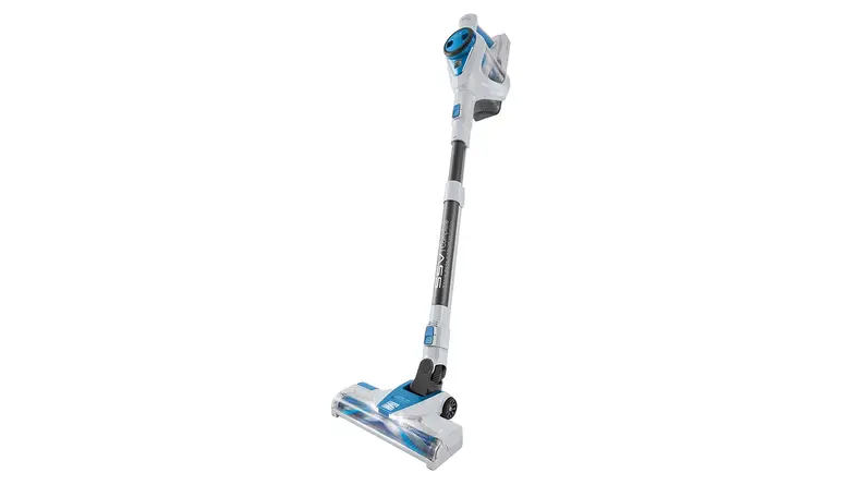 A blue and white Kenmore cordless stick vacuum standing upright on a white background.