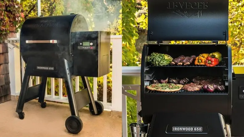 Left: Traeger grill closed with smoke emitting from it. Right: Traeger grill opened showing two shelves of grilling food.