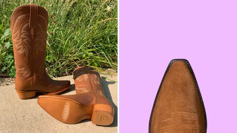 Brown cowboy boots on a sidewalk on the left side, and a close-up of a suede toe-cap on a cowboy boot on the right.