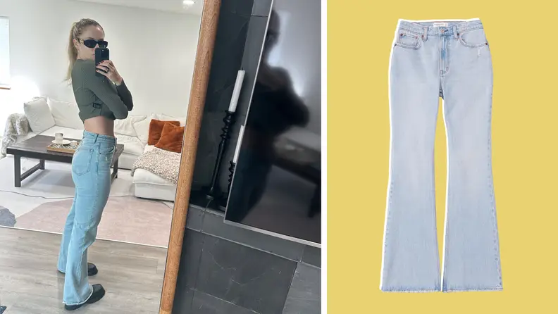 The author taking a mirror selfie in blue flare jeans, holding up her cardigan to show the rise on the jeans. Also pictured is a product shot of the same jeans.