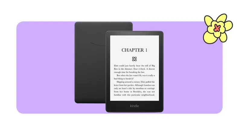Front and back of a black Kindle Paperwhite e-Reader tablet in front of a purple background with a yellow cartoon flower in the corner.
