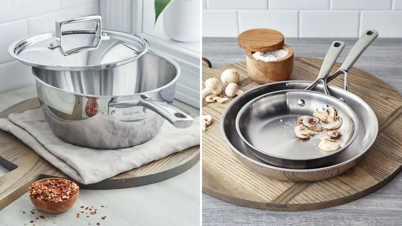 On left, Sur La Table saucepan sitting on wooden cutting board with lit half removed. On right, both skillets stacked on a wooden cutting board with a few mushrooms inside.