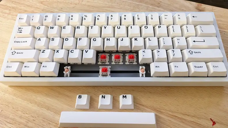 The CyberPowerPC K60 Keyboard with the space bar and the B N M switches taken out.